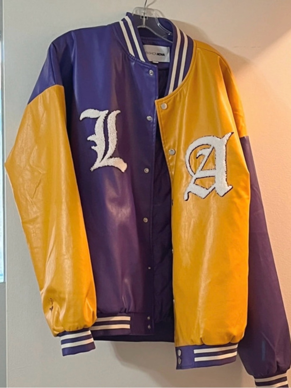 Fashion Nova Purple & Gold Varsity Jacket with LA Chenille Letters
